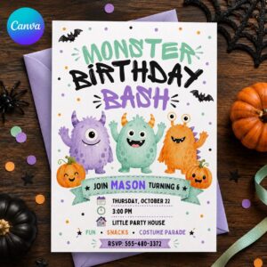 Monster Birthday Invitation, Cute Halloween Monster Bash Party for Kids, Watercolor Editable Canva Template