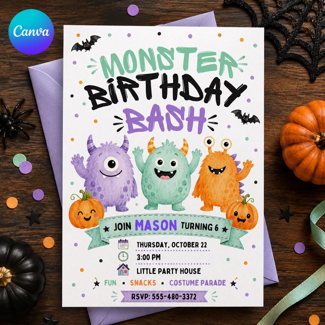 Monster Birthday Invitation, Cute Halloween Monster Bash Party for Kids, Watercolor Editable Canva Template