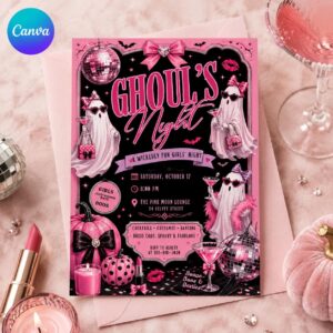Ghouls Night Halloween Invitation, Pink Glam Girls Night Out, Cocktail Costume Party Invite, Editable Canva Template