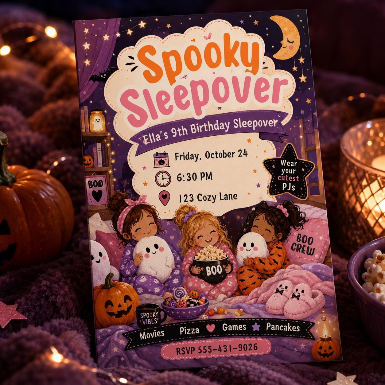 Halloween Sleepover Invitation, Pink Girls Pajama Party, Spooky 9th Birthday Slumber Invite, Editable Canva Template - Image 3