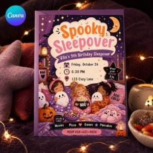 Halloween Sleepover Invitation, Pink Girls Pajama Party, Spooky 9th Birthday Slumber Invite, Editable Canva Template