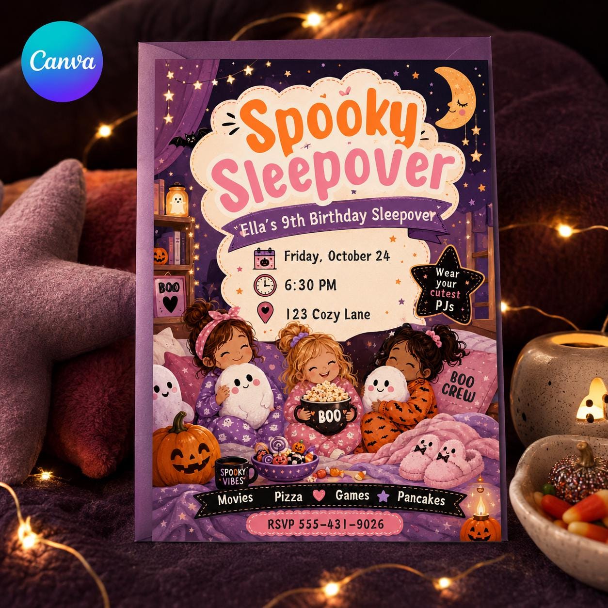 Halloween Sleepover Invitation, Pink Girls Pajama Party, Spooky 9th Birthday Slumber Invite, Editable Canva Template