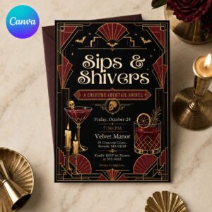 Halloween Cocktail Party Invitation, Art Deco Sips and Shivers Costume Soiree, Gatsby Adult Invite, Editable Canva Template