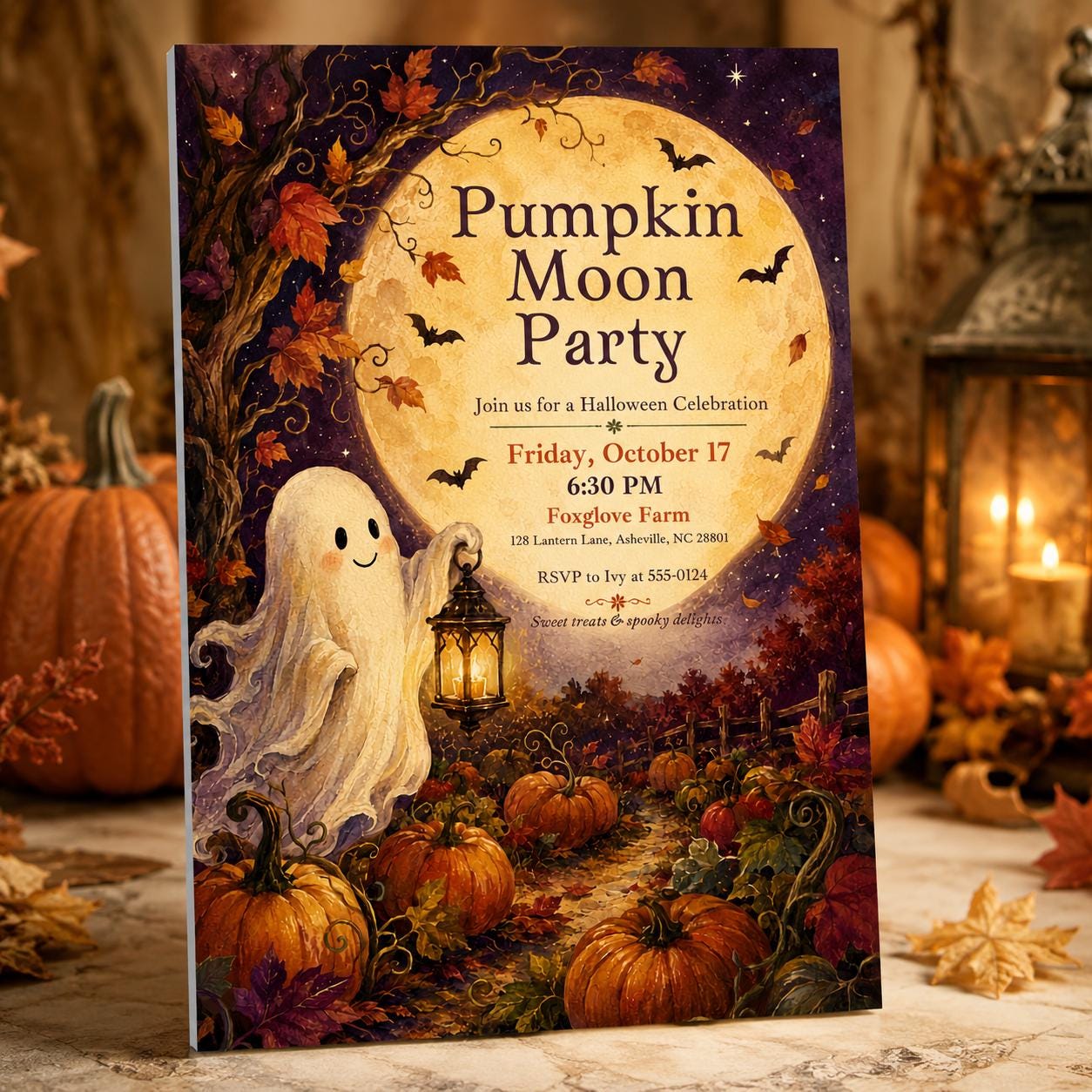 Halloween Moon Party Invitation, Pumpkin Harvest Ghost Invite, Whimsical Autumn Farm Celebration, Editable Canva Template - Image 3