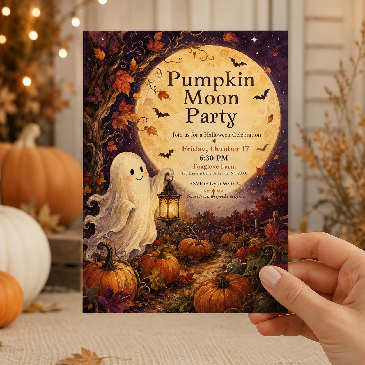Halloween Moon Party Invitation, Pumpkin Harvest Ghost Invite, Whimsical Autumn Farm Celebration, Editable Canva Template - Image 5