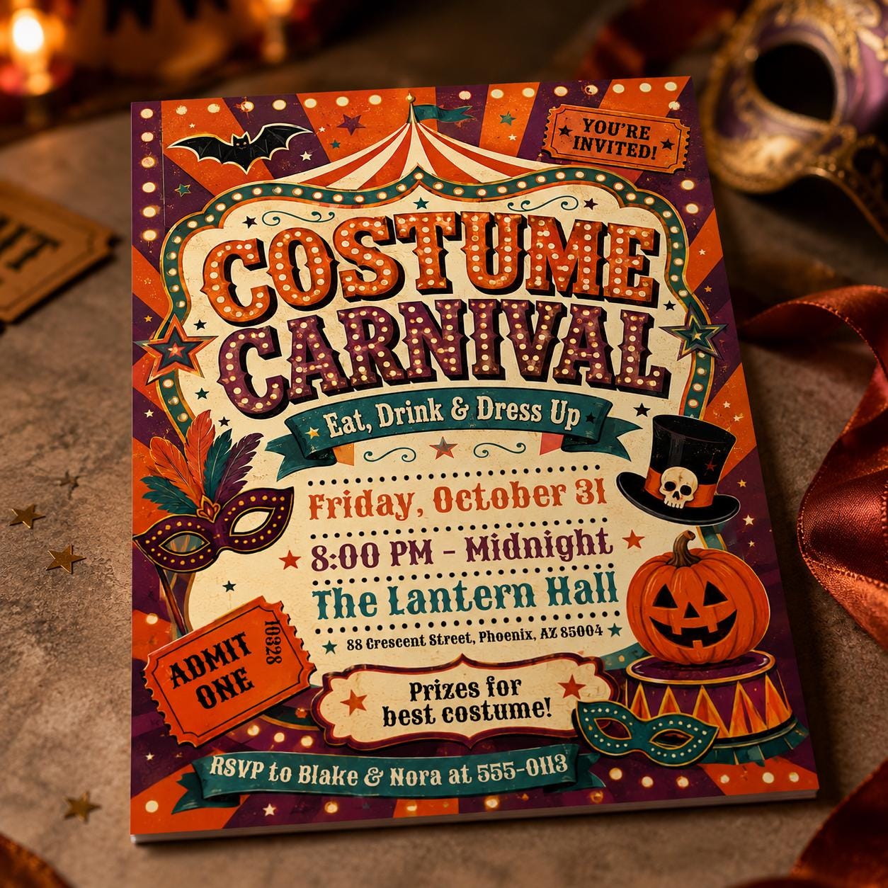 Halloween Carnival Invitation, Vintage Costume Party Invite, Retro Circus Masquerade Event, Editable Canva Template - Image 3