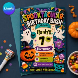 Spooktacular Birthday Invitation, 7th Halloween Party Invite for Kids, Colourful Ghost Editable Canva Template