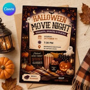 Halloween Movie Night Invitation, Backyard Cinema Party Invite, Family Spooky Film Event, Editable Canva Template