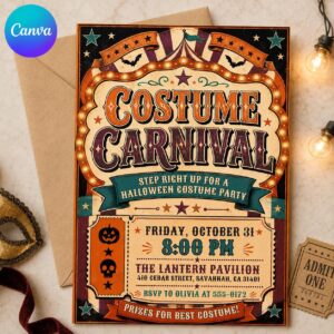 Vintage Halloween Carnival Invitation, Costume Party Circus Invite, Retro Adult Event, Editable Printable Canva Template