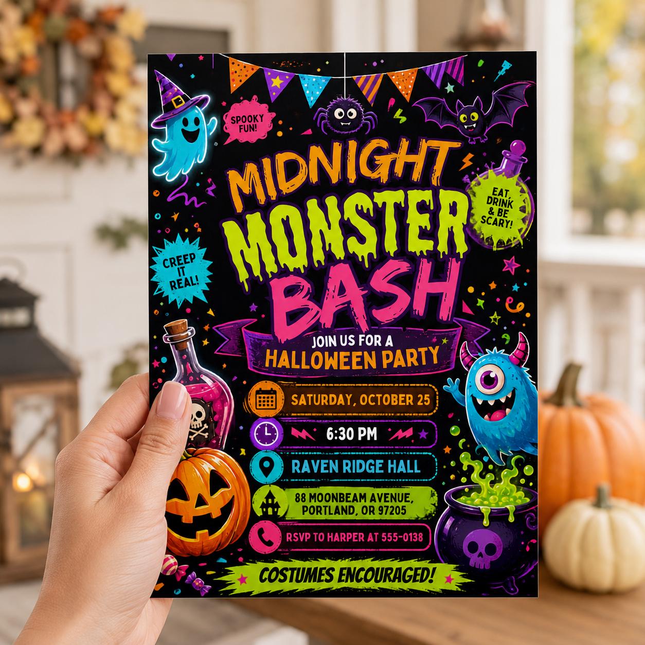 Summerween Birthday Invitation, 13th Beach Halloween Pool Party, Neon Tropical Ghost Invite, Editable Canva Template - Image 4