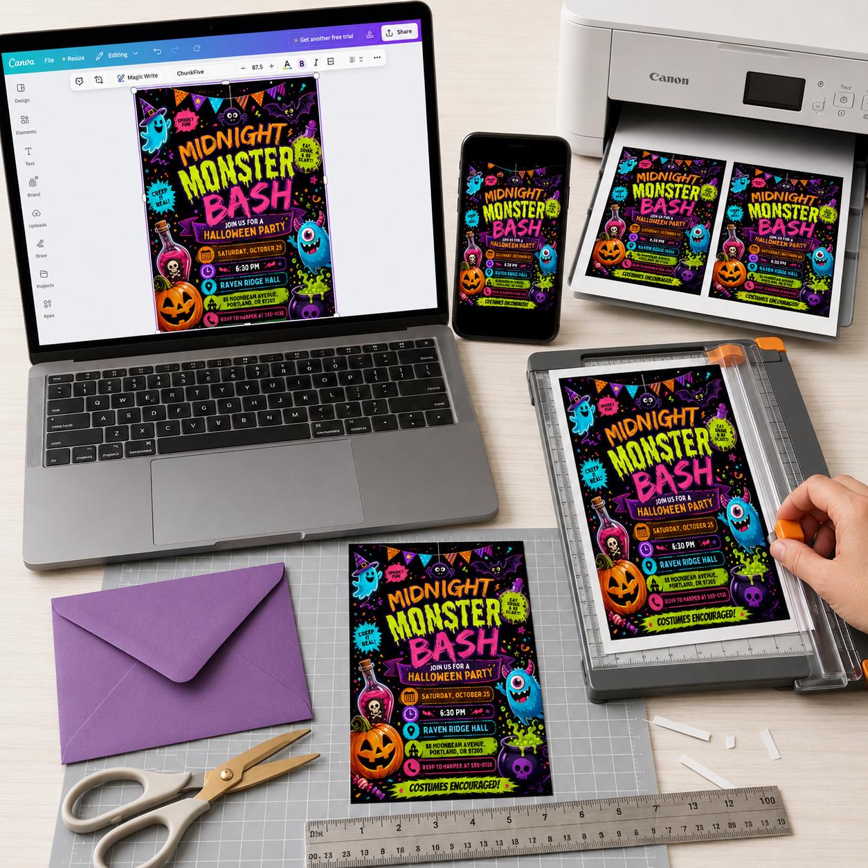 Summerween Birthday Invitation, 13th Beach Halloween Pool Party, Neon Tropical Ghost Invite, Editable Canva Template - Image 5