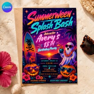Neon Monster Bash Invitation, Midnight Halloween Costume Party, Colorful Kids or Teen Invite, Editable Canva Template