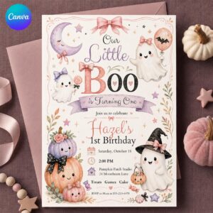 Monster Mash Party Invitation, Colorful Halloween Mixer with Ghosts and Candy, Editable Canva Template
