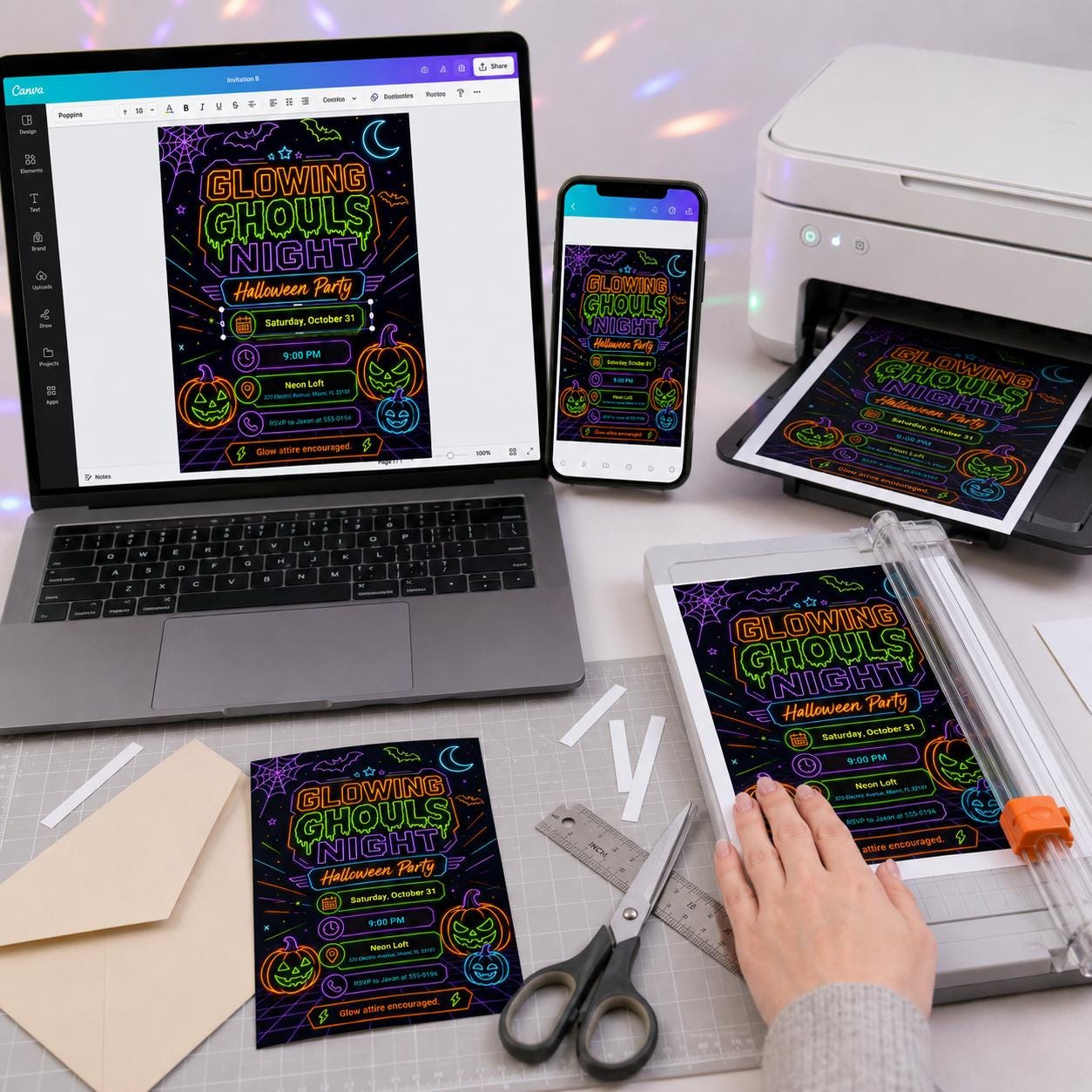 Neon Halloween Party Invitation, Glowing Ghouls Night Glow in the Dark Costume Invite, Editable Canva Template - Image 3