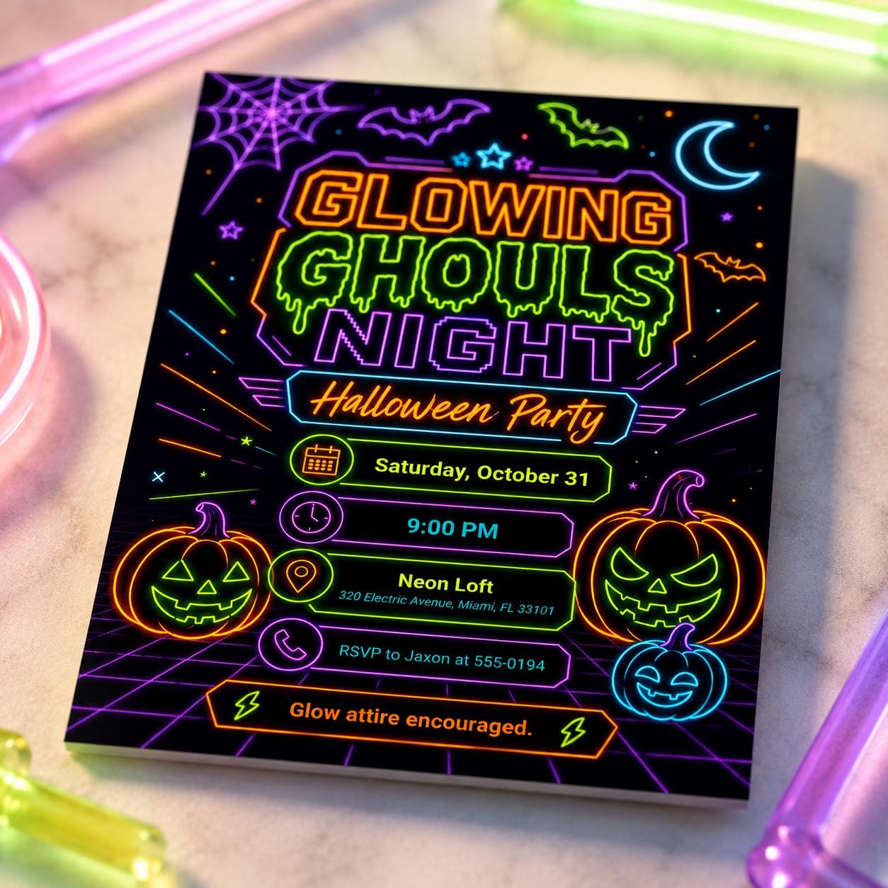 Neon Halloween Party Invitation, Glowing Ghouls Night Glow in the Dark Costume Invite, Editable Canva Template - Image 4