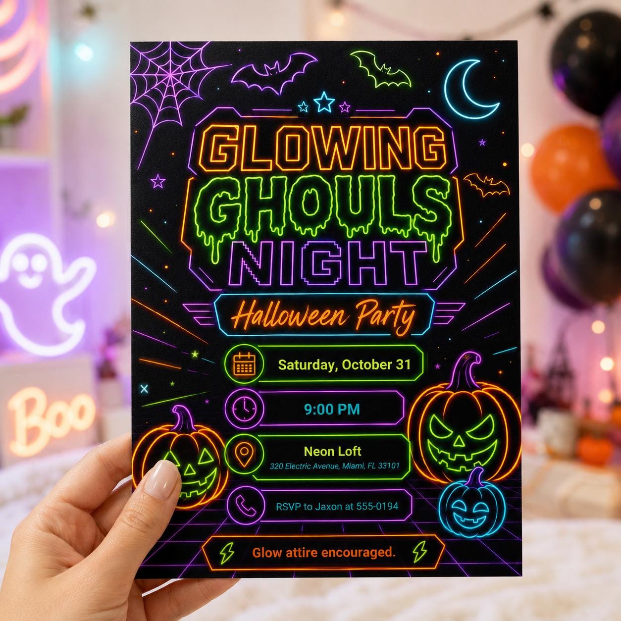 Neon Halloween Party Invitation, Glowing Ghouls Night Glow in the Dark Costume Invite, Editable Canva Template - Image 6