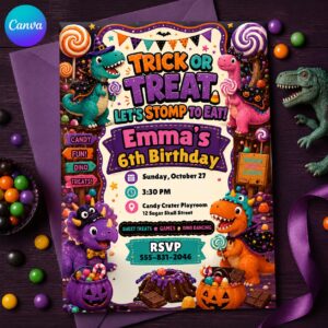Dinosaur Halloween Birthday Invitation, Trick or Treat Candy Dino Party for Girls, 6th Birthday Editable Canva Template