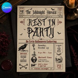 Halloween Newspaper Invitation, Rest in Party Vintage Adult Costume Gathering, Gothic Editable Canva Template