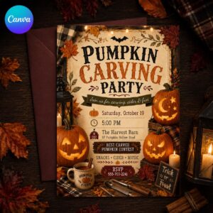 Pumpkin Carving Party Invitation, Rustic Fall Halloween Contest with Cider, Editable Printable Canva Template