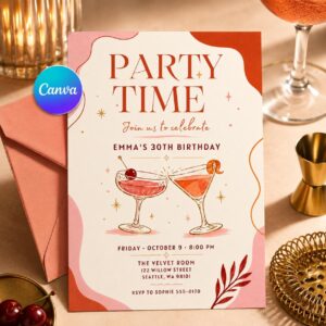 30th Birthday Invitation, Cocktail Party for Her Modern Minimal Editable Printable Canva Template