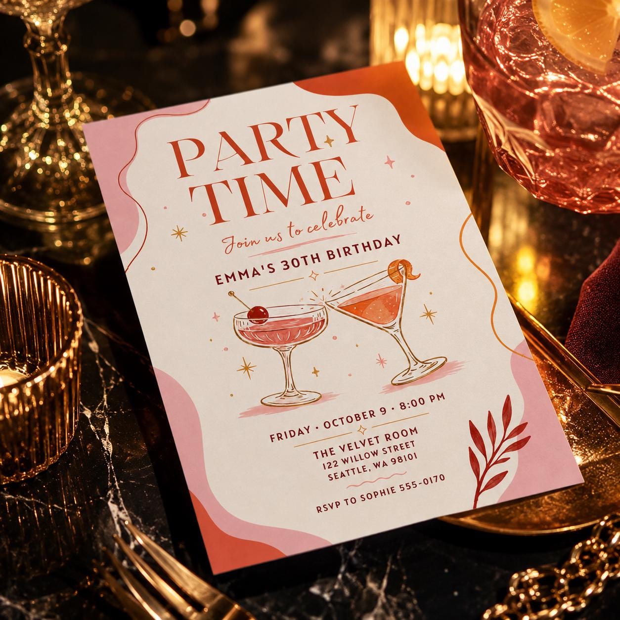 30th Birthday Invitation, Cocktail Party for Her Modern Minimal Editable Printable Canva Template - Image 6