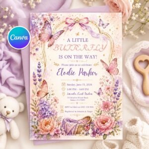 Butterfly Baby Shower Invitation, Pink Purple Floral Girl Party Editable Printable Canva Template