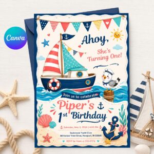 Nautical First Birthday Invitation, Ahoy She's Turning One Sailboat Girl Editable Printable Canva Template