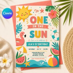 One in the Sun First Birthday Invitation, Tropical Beach Pool Party Girl Editable Printable Canva Template