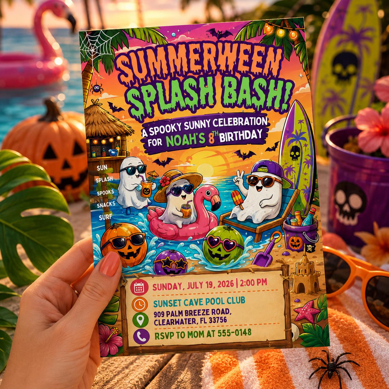 Summerween Birthday Invitation, Halloween Pool Party Splash Bash, Spooky Summer Ghost Invite, Editable Canva Template - Image 6