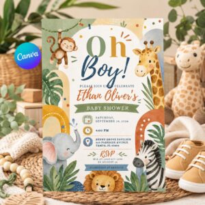 Safari Baby Shower Invitation, Oh Boy Jungle Animals, Watercolor Baby Boy Printable Canva Template