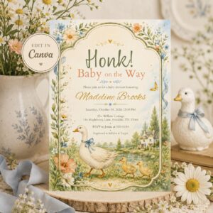 Goose Baby Shower Invitation, Honk Baby on the Way, Vintage Floral Duckling Editable Canva Template