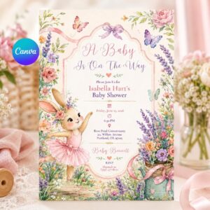 Bunny Baby Shower Invitation, Ballerina Rabbit Floral Girl Theme, Pink Watercolor Editable Printable Canva Template