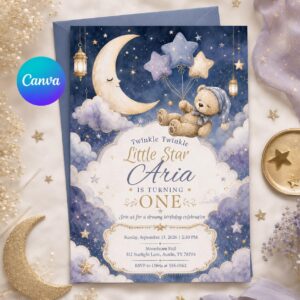 Twinkle Twinkle Little Star First Birthday Invitation, Teddy Bear Moon and Stars Editable Printable Canva Template
