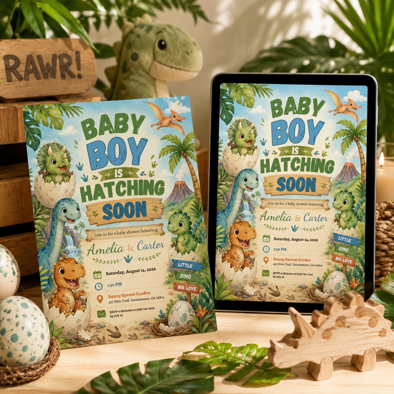 Dinosaur Baby Shower Invitation, Hatching Soon Baby Boy Dino Party Editable Printable Canva Template - Image 3