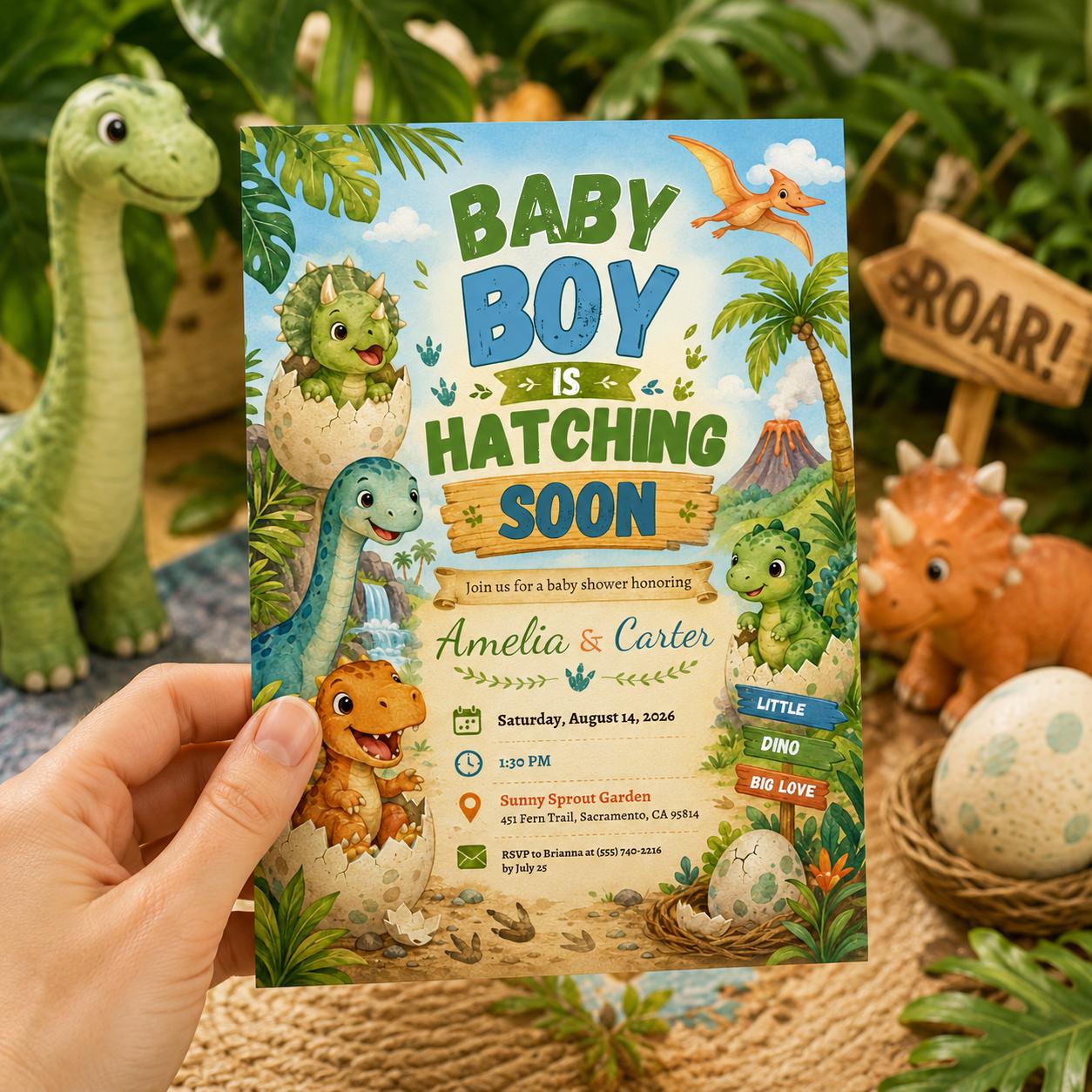Dinosaur Baby Shower Invitation, Hatching Soon Baby Boy Dino Party Editable Printable Canva Template - Image 4