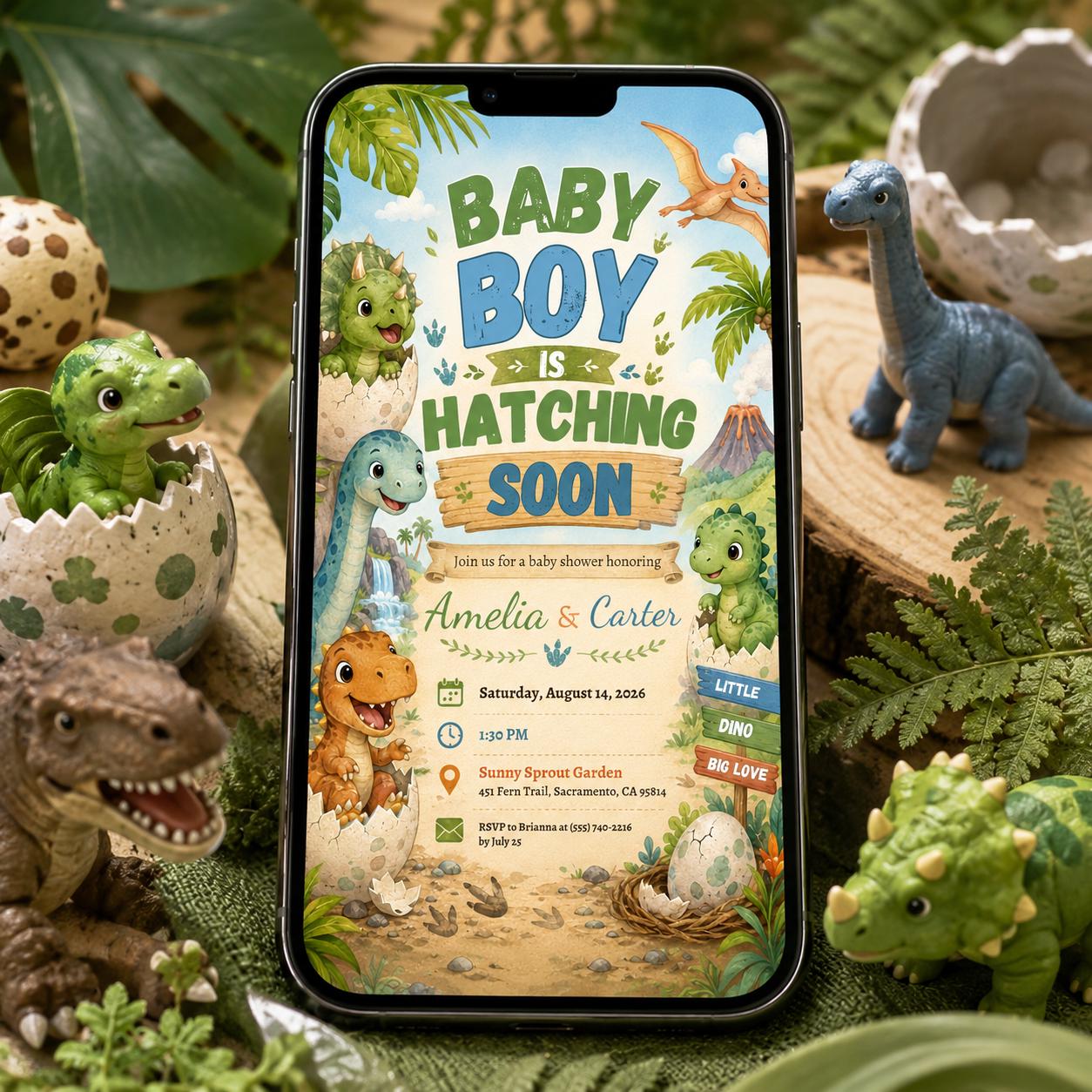 Dinosaur Baby Shower Invitation, Hatching Soon Baby Boy Dino Party Editable Printable Canva Template - Image 5