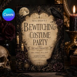 Halloween Costume Party Invitation, Bewitching Gothic Witch Raven Theme for Adults, Editable Printable Canva Template