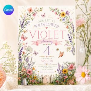 Wildflower 4th Birthday Invitation, Butterfly Garden Girl Floral Party, Editable Printable Canva Template