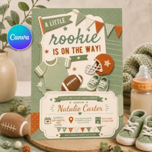 Football Baby Shower Invitation, Little Rookie Sports Theme Boy Editable Printable Canva Template