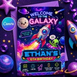 Neon Space Birthday Invitation, Galaxy Rocket Alien Kids Party Invite, 6th Birthday Printable Editable Canva Template