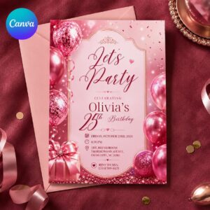25th Birthday Invitation, Pink Balloon Party Invite, Elegant Blush Rose Gold Editable Digital Evite, Printable Canva Template