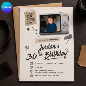 30th Birthday Photo Invitation, Vintage 1996 Retro Camera Invite, Editable Milestone Party Digital Download, Printable Canva Template