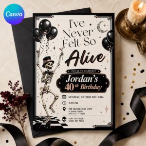 40th Birthday Halloween Invitation, Skeleton Party Invite, Spooky Gothic RIP Thirties Editable Digital Evite, Printable Canva Template