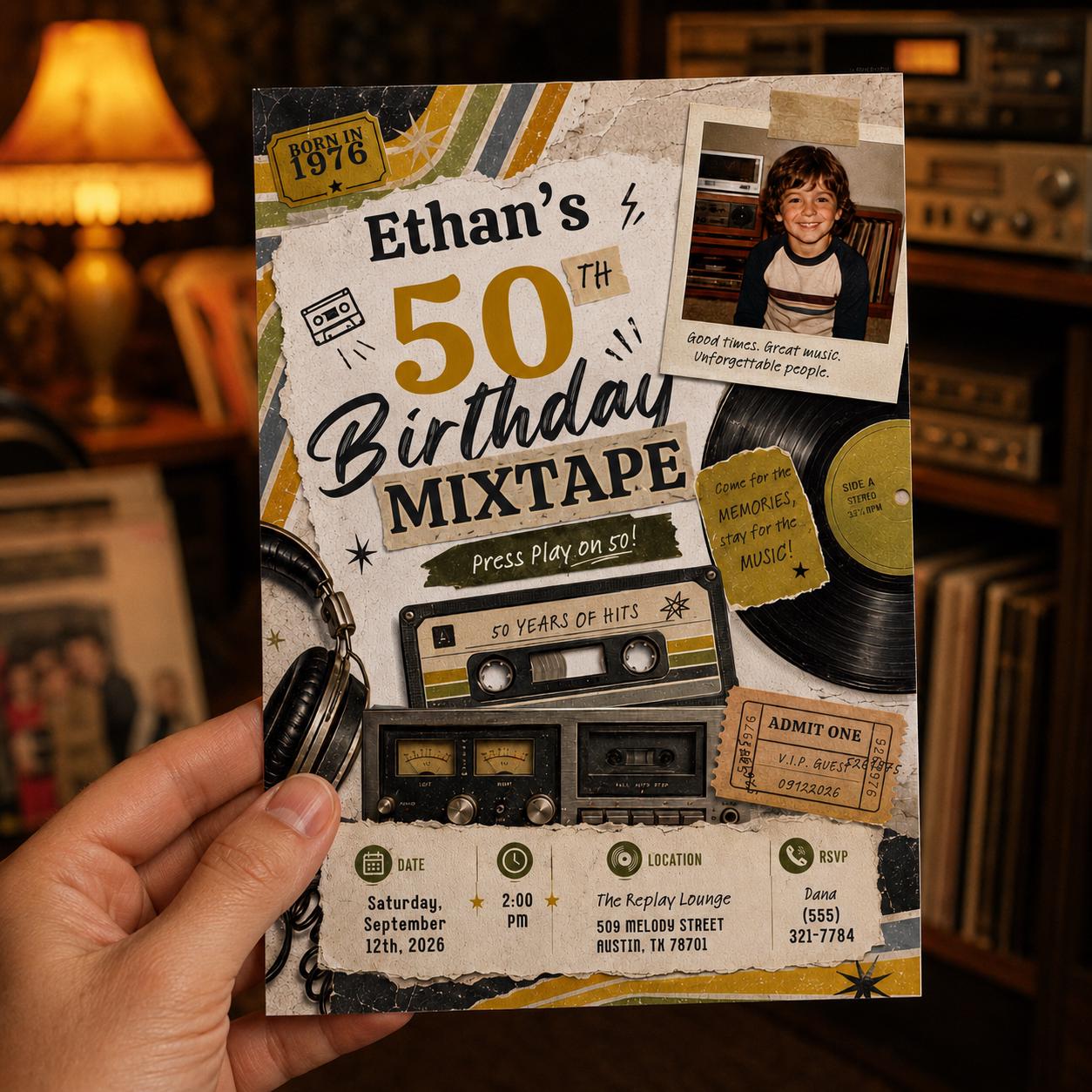 50th Birthday Mixtape Invitation, Vintage 1976 Cassette Tape Party Invite with Photo, Retro Music Editable Digital Evite, Canva Template - Image 6