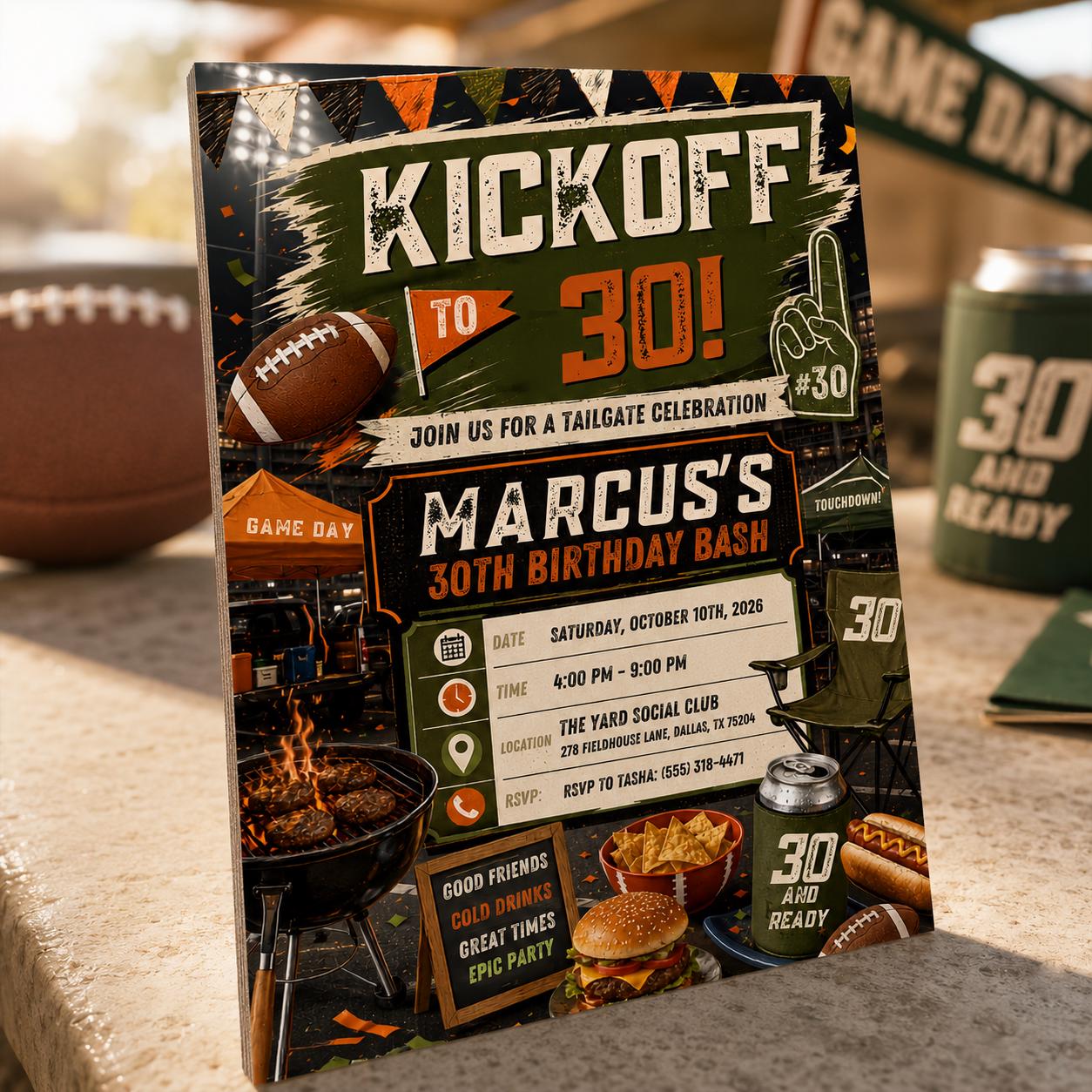 30th Birthday Football Invitation, Tailgate Party Invite, Game Day Kickoff Editable Digital Evite for Him, Printable Canva Template - Image 5