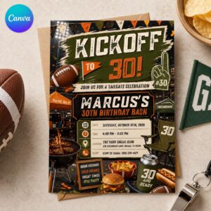 30th Birthday Football Invitation, Tailgate Party Invite, Game Day Kickoff Editable Digital Evite for Him, Printable Canva Template