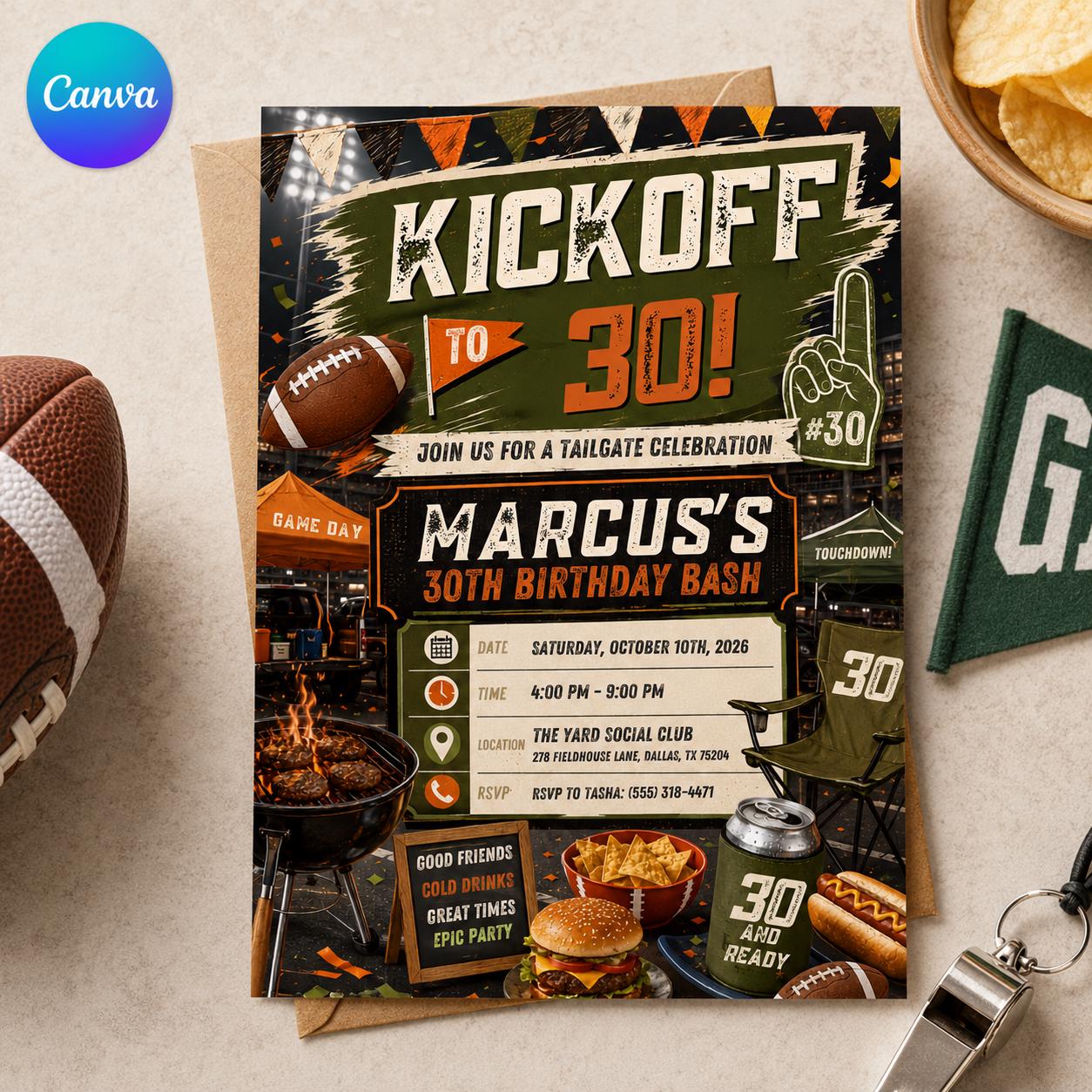 30th Birthday Football Invitation, Tailgate Party Invite, Game Day Kickoff Editable Digital Evite for Him, Printable Canva Template