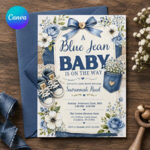 Blue Jean Baby Shower Invitation, Denim Boy Baby Shower Invite, Rustic Floral Western Editable Printable Canva Template