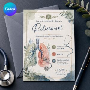 Doctor Retirement Invitation, Pulmonologist Lung Medical Farewell Party Invite, Watercolor Editable Printable Canva Template