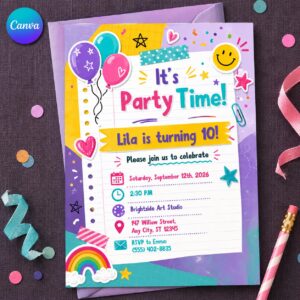 Colorful Kids Birthday Invitation, 10th Birthday Party Invite for Girls, Pastel School Doodle Editable Printable Canva Template
